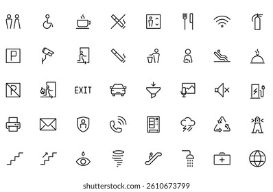 A versatile set of minimal line icons designed for building signage and digital interfaces. Includes symbols for restrooms, food, accessibility, elevators, parking, and more.