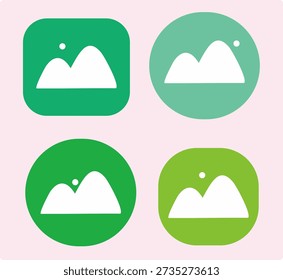 Um conjunto versátil de ícones de paisagem verde minimalista com montanhas e sol em quadros quadrados e circulares. Um conjunto versátil de ícones de paisagem verde minimalista com montanhas e sol em quadros quadrados e circulares. Gráficos vetoriais de alta qualidade de picos de montanha e sol, apresentados em formas quadradas e circulares arredondadas. 
