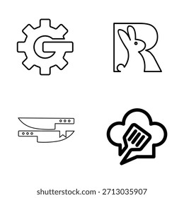 Un conjunto versátil de iconos minimalistas de arte de línea que muestran varios conceptos que incluyen mecánica, animales, herramientas de cocina y comunicación culinaria, perfecto para diversos proyectos de diseño.