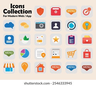 A versatile set of modern app icons featuring chat, security, shopping, calendar, and more. Perfect for user interface design, mobile apps, and website navigation needs.
Modern web Icons collection.