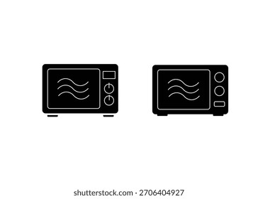 Ein vielseitiges Set moderner minimalistischer schwarz-weißer Küchenmikrowellenofen-Icons, essenziell für Küchengerätegrafiken, Lebensmittelzubereitung 