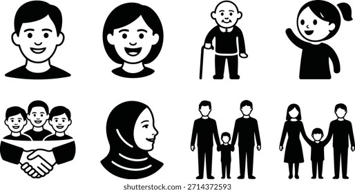 A versatile set of monochrome avatars and group symbols featuring men, women, children, and seniors for various social concepts.