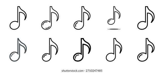 Um conjunto versátil de ícones de notas musicais, ilustrando conceitos de música, som e melodia. Ideal para designs digitais e impressos, aplicativos, sites e projetos criativos.