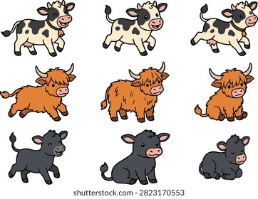 A versatile set of nine hand-drawn vector illustrations featuring different cow breeds like dairy cows and highland cattle. These cute farm animal characters are perfect for stickers, children's designs, and educational resources.
