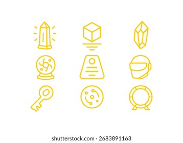 Um conjunto versátil de nove ícones de arte de linha amarela em um fundo branco representando conceitos abstratos tecnologia segurança mágica e exploração ideal para vários projetos digitais.
