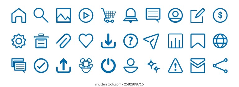 A versatile set of outlined icons for websites, apps, UI UX, ads, and videos. Includes home, search, settings, messages, user, analytics, and more. Clean, modern, and perfect for digital use