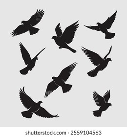 A versatile set of pigeon and flying dove silhouettes in vector format, featuring dynamic poses and clean designs on a white background, perfect for logos, art, and design projects.