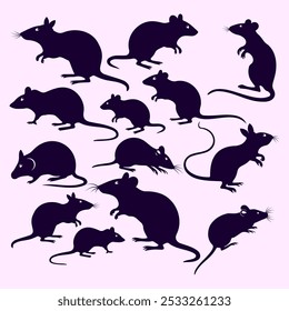 A versatile set of rat and mice silhouettes in various poses. Ideal for wildlife, pest control, or scientific illustrations, this vector pack enhances any design project with detailed rodent imagery.