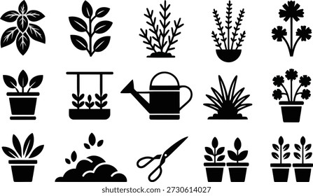 A versatile set of simple black vector icons depicting various elements of gardening, such as plants, tools, and potted flora.