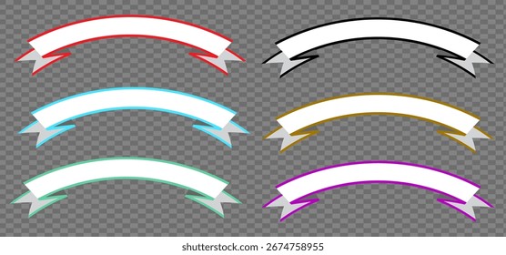 A versatile set of six colorful arched ribbon banners, elegantly curved for titles, headers, and decorative graphic design elements, isolated on a transparent background