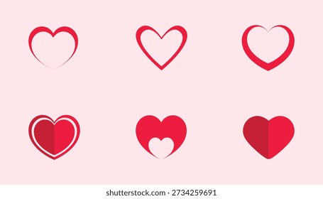 A versatile set of six minimalist heart icons and logo marks in a vibrant solid red flat design. The collection features various line weights and styles.simple Valentine's Day graphic elements.