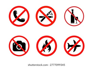 A versatile set of six prohibition icons designed for public safety and regulatory compliance. The set includes universal symbols for no phone no smoking or vaping alcohol no photography fire and air travel. These clear high contrast vector icons are suitable for airport signage public buildings and industrial facility safety protocols.