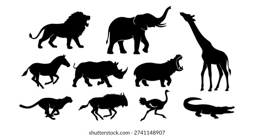 A versatile set of solid black African safari animal silhouettes isolated on a white background Includes dynamic side profiles of a lion elephant giraffe zebra rhino hippo and cheetah Perfect for zoo branding travel graphics and wildlife logos