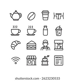 A versatile set of stylish, outline-style cafe icons covering beverages, snacks, and cafe elements — designed for clear visibility at any size, perfect for apps and web interfaces.