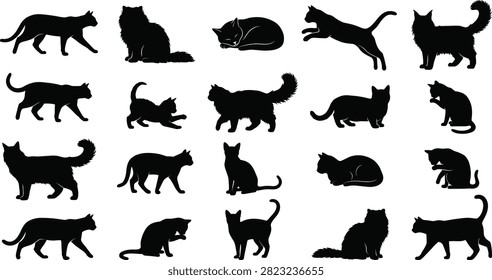 A versatile set of stylized cat silhouettes featuring diverse poses such as walking, sitting, jumping, and grooming. Ideal for veterinary logos, pet shop branding, and feline-themed graphic design projects.
A versatile set of stylized cat silhouettes featuring diverse poses such as walking, sitting, jumping, and grooming. Ideal for veterinary logos, pet shop branding, and feline-themed graphic design projects.
