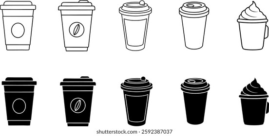 A versatile set of takeaway coffee cup icons, featuring different lid styles, coffee bean logos, and whipped cream toppings. Designed in both outline and filled styles, perfect for cafés, branding.