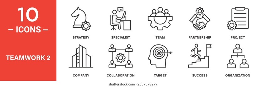 A versatile set of teamwork icons featuring strategy, collaboration, partnerships, project management, and organizational success within corporate and team-oriented environments