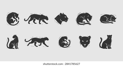 A versatile set of ten dark gray panther and puma silhouettes, featuring a unique distressed woodcut texture and various dynamic poses, on a light gray background.