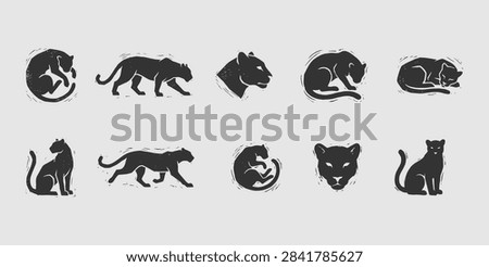 A versatile set of ten dark gray panther and puma silhouettes, featuring a unique distressed woodcut texture and various dynamic poses, on a light gray background.