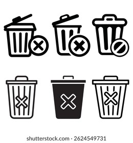 A versatile set of trash bin icons, each with a unique variation including open lids, X marks, and circular symbols. These vector-style icons are ideal for user interface elements.