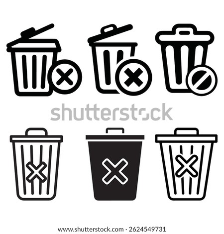 A versatile set of trash bin icons, each with a unique variation including open lids, X marks, and circular symbols. These vector-style icons are ideal for user interface elements.