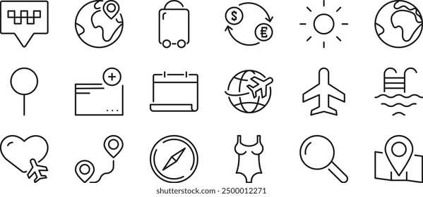 A versatile set of travel-themed line icons featuring various travel elements such as transportation, landmarks, luggage, and accommodations. Ideal for travel websites, brochures, and travel planning 