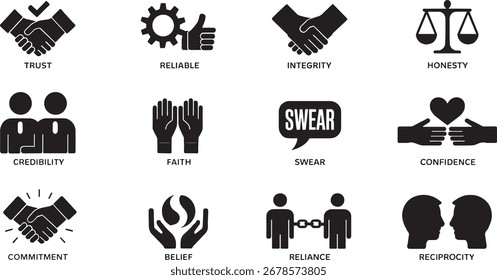 A versatile set of twelve distinct icons designed to visually communicate concepts of trust, security, and dependability for various digital and print applications.