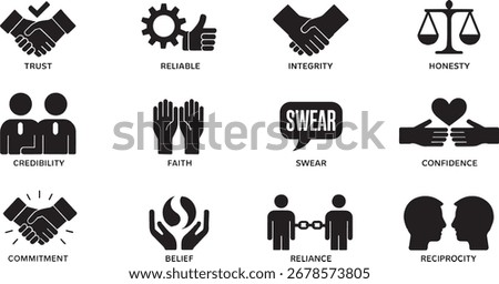 A versatile set of twelve distinct icons designed to visually communicate concepts of trust, security, and dependability for various digital and print applications.