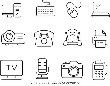 A versatile set of twelve electronic device icons. Each gadget, from a computer and laptop to a camera and printer, is depicted in a clean, consistent, and minimalist black line art style.