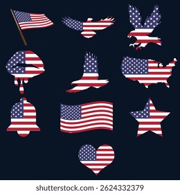 A versatile set of vector icons featuring the American flag in various shapes like hearts, stars, and maps. Perfect for stickers, badges, and digital assets. 
