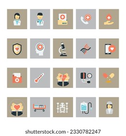  versatile set of vector icons representing hospital and healthcare-related elements, including medical instruments, hospital buildings, healthcare professionals, and more