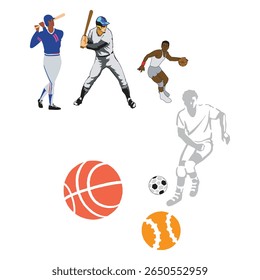A versatile set of vector illustrations featuring various sports and athletes. This collection includes illustrations of baseball players in batting poses, a basketball player dribbling, and a soccer 