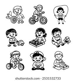 A versatile set of vector silhouettes featuring kids engaging in various fun activities like running, jumping, playing.