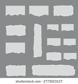 A versatile set of white torn paper fragments and ripped strips featuring realistic ragged edges. This collection includes various rectangular and elongated shapes of blank paper scraps isolated on a neutral background. Ideal for creating collage layouts, scrapbook designs, digital note mockups, and grunge-style graphic overlays for social media or marketing materials.