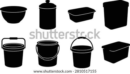 A versatile silhouette collection featuring plastic buckets, storage containers, bins, tubs, and utility pails in various shapes and sizes. Ideal for packaging, household product catalogs, cleaning supplies, retail graphics, infographics, and commercial design projects.