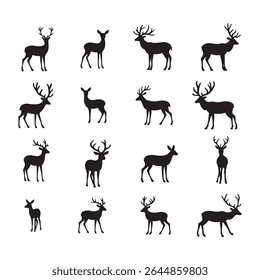 A versatile silhouette collection showcasing diverse deer poses, featuring majestic antlers and various stances, set against a clean white background.
