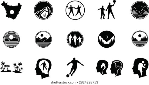 Versatile silhouette logo set featuring human profiles, sports activities, family symbols, nature landscapes, islands, and abstract conceptual icons. Suitable for branding, business identity, wellness projects, tourism, sports organizations, and creative design applications.