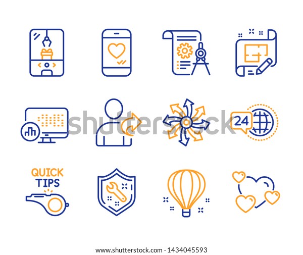 Versatile, Spanner and Crane claw machine icons\
simple set. Architect plan, Air balloon and Report statistics\
signs. Divider document, Love chat and Tutorials symbols. Line\
versatile icon.\
Vector