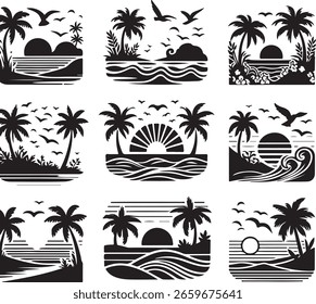 
A versatile summer vector silhouette collection. Features tropical palm trees on a beach island at sunset with birds flying. Ideal for vacation, travel, and seasonal designs.