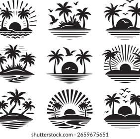 
Eine vielseitige Sommer Vektor Silhouette Kollektion. Bietet tropische Palmen auf einer Strandinsel bei Sonnenuntergang mit fliegenden Vögeln. Ideal für Urlaub, Reisen und saisonale Designs.