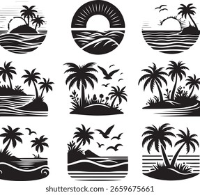 
Uma coleção versátil de silhueta de vetor de verão. Apresenta palmeiras tropicais em uma ilha de praia ao pôr do sol com pássaros voando. Ideal para férias, viagens e projetos sazonais.