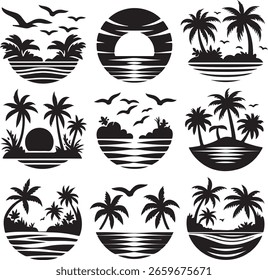 
Uma coleção versátil de silhueta de vetor de verão. Apresenta palmeiras tropicais em uma ilha de praia ao pôr do sol com pássaros voando. Ideal para férias, viagens e projetos sazonais.