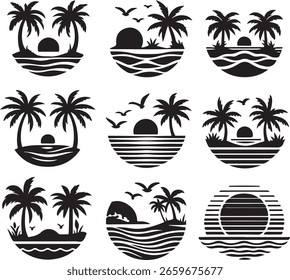 
A versatile summer vector silhouette collection. Features tropical palm trees on a beach island at sunset with birds flying. Ideal for vacation, travel, and seasonal designs.