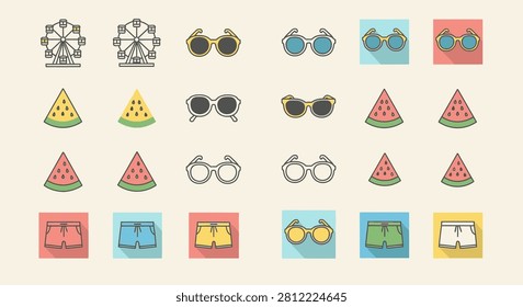 Versatile summer-themed vector icon set featuring Ferris wheels, sunglasses, watermelons, and swim trunks. Perfect for travel agency graphics, seasonal promotions, and vacation lifestyle branding.