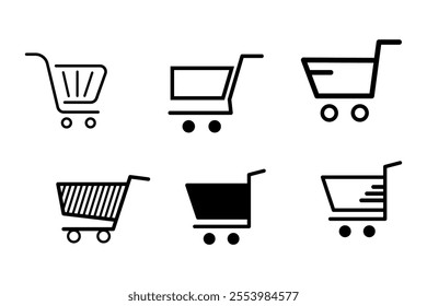 Versatile supermarket cart icons set for various marketing applications, Fun supermarket cart icons set for kids' food stores, cart, shopping, supermarket, icons, groceries, retail, purchase, basket