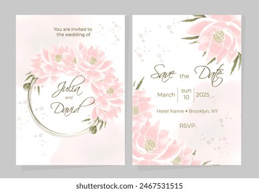 Versatile templates for wedding card designs, notepad covers or invitations. Festive watercolor design with gold line and lotus flowers in a round frame with space for text.