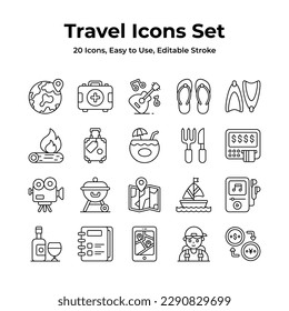A versatile travel icons kit with a globe, camera, suitcase, and map, representing wanderlust, direction, memories, mobility, and adventure