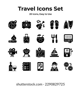 A versatile travel icons kit with a globe, camera, suitcase, and map, representing wanderlust, direction, memories, mobility, and adventure