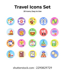 A versatile travel icons kit with a globe, camera, suitcase, and map, representing wanderlust, direction, memories, mobility, and adventure