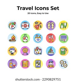 A versatile travel icons kit with a globe, camera, suitcase, and map, representing wanderlust, direction, memories, mobility, and adventure
